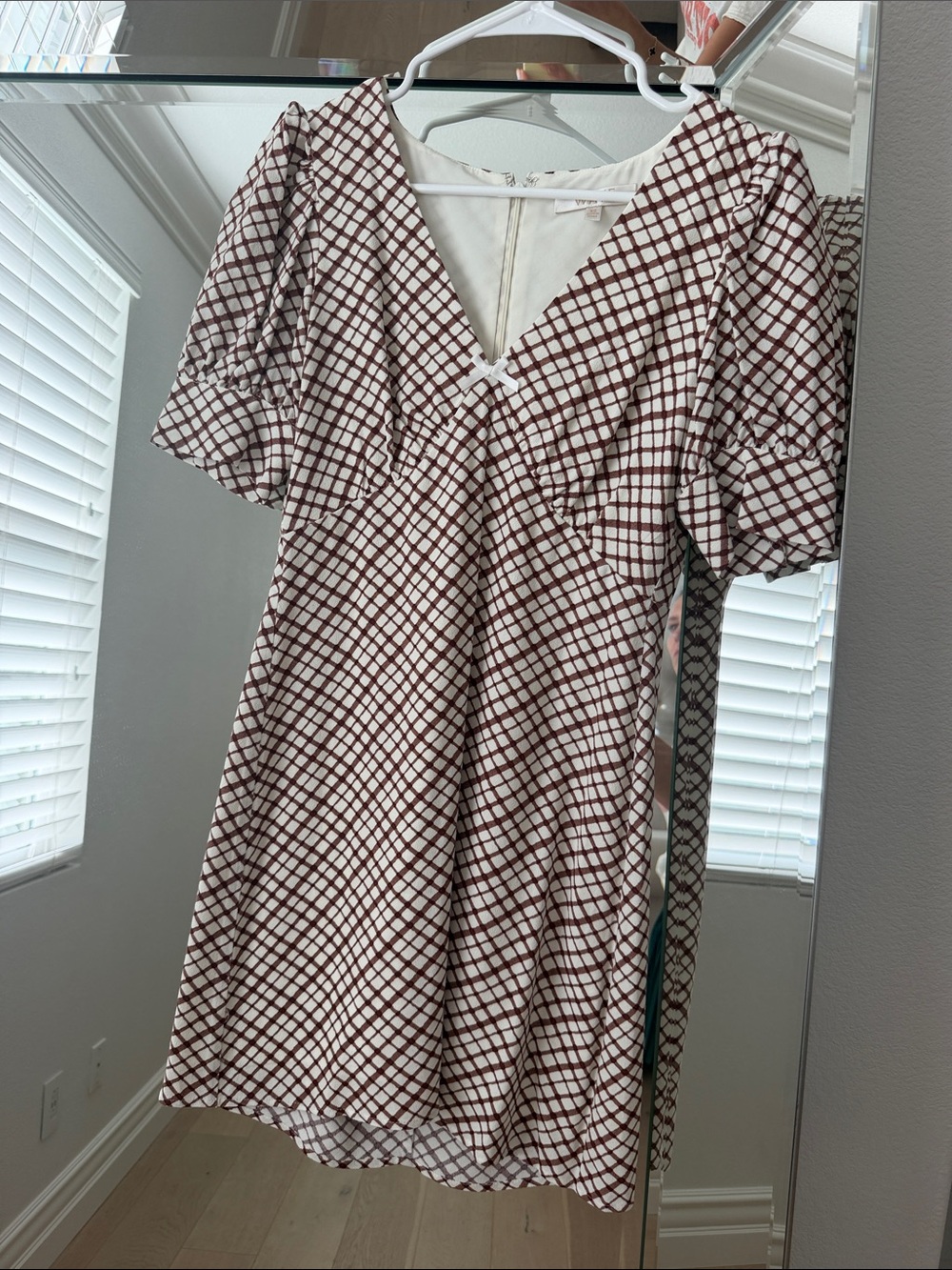 Wayf White Mini Dress with Brown Check Pattern